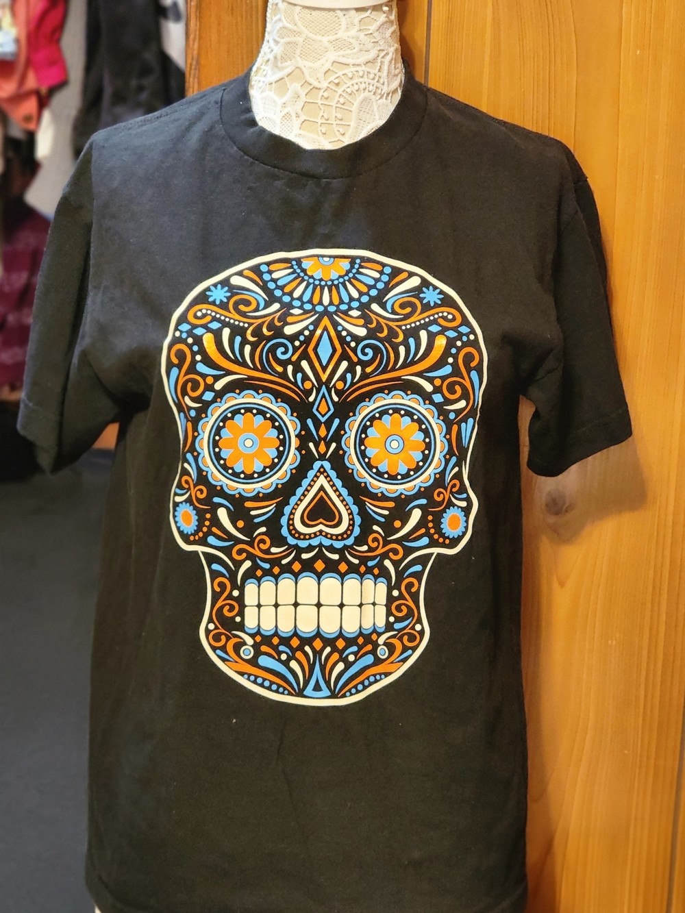 Black T-Shirt with Colorful Sugar Skull Graphic
